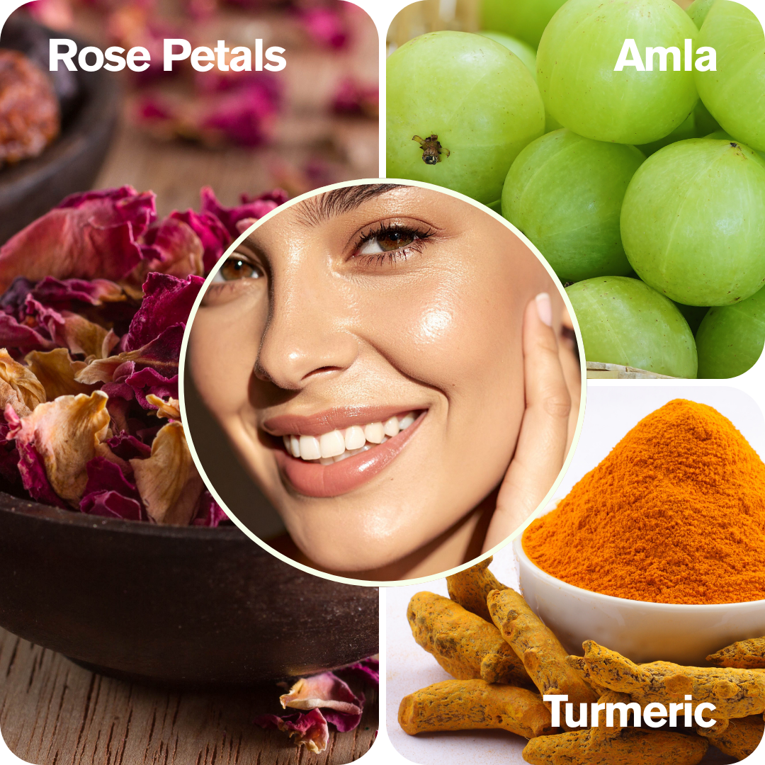 Amla, Rose Petals, and Turmeric work in harmony to brighten skin and restore its natural glow. Amla’s Vitamin C boosts collagen and radiance, Rose Petals cool and hydrate while reducing excess Pitta, and Turmeric’s Curcumin fights free radicals, reduces i